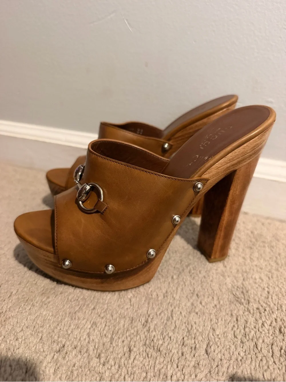 Gucci Tan Leather Horsebit Platform Mules